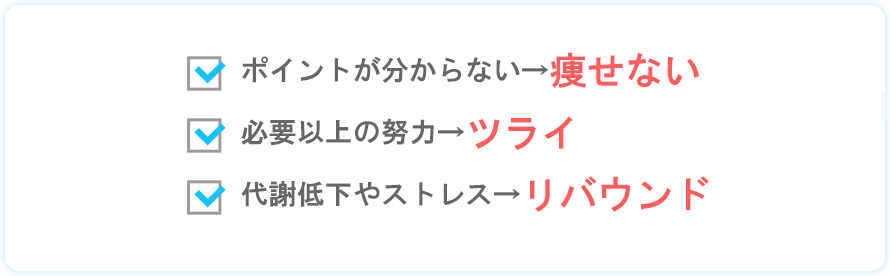 努力しても痩せない、食事制限も運動もツライ、何が効果的か分からない